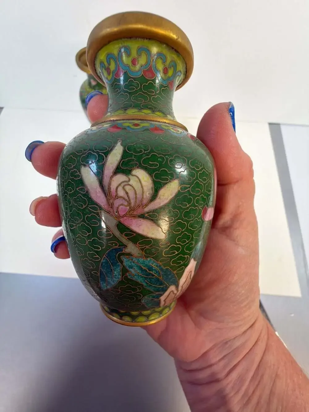 Vintage Pair of Chinese Cloisonne Bud Vases with‎ Floral Motif and Wood Stands